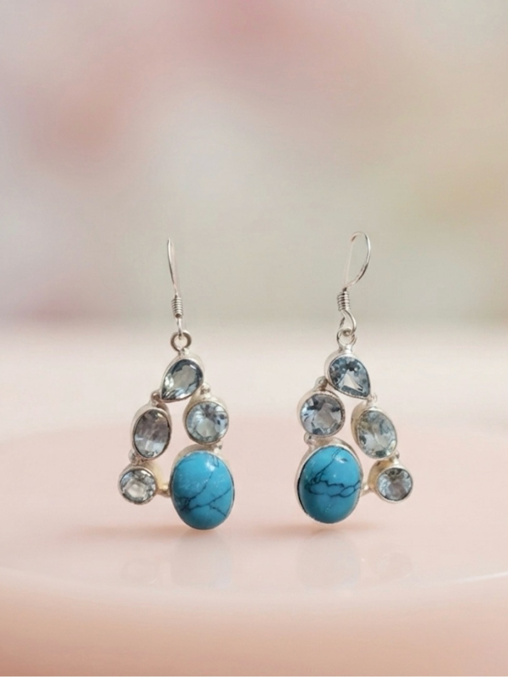 Turquoise & Blue Topaz Chandelier Earrings in Sterling Silver - Picture 4 of 7